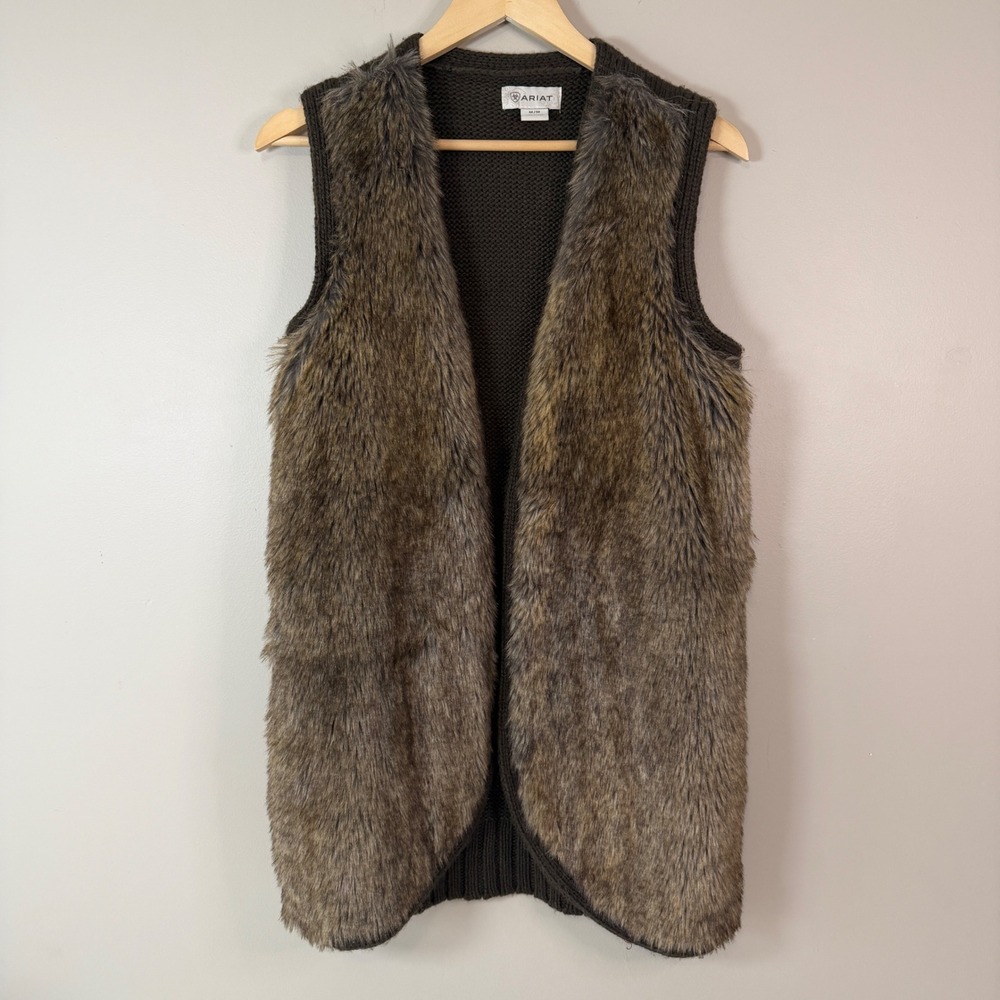 Ariat Womens Medium Western Faux Fur Sweater Vest Wool Blend Festival Boho Rodeo